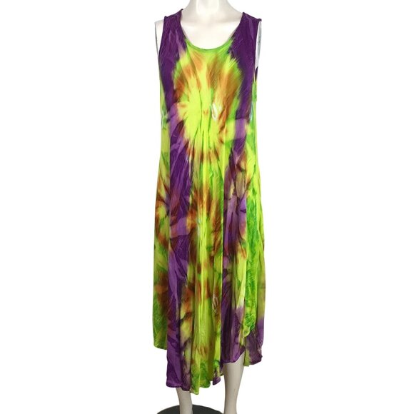 SAKKAS - WOMEN'S FREE SIZE - PURPLE/GREEN SLEEVELESS TIE DYE CAFTAN DRESS COVER - Picture 1 of 7